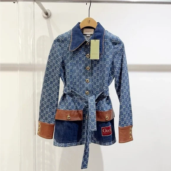 🚩steal Authentic Gucci Blue Denim Jacket with Brown Leather Details - Picture 1 of 6